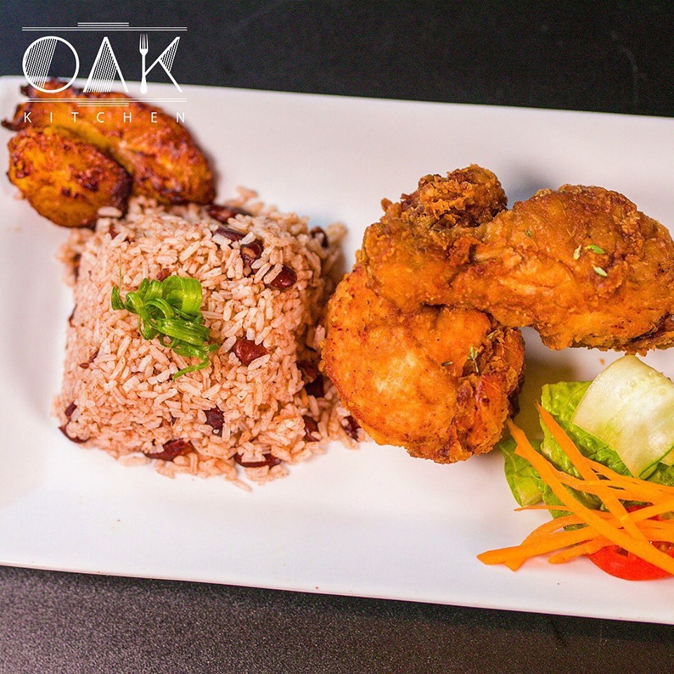Fried chicken rice and peas lunch at Oak Wine Bar